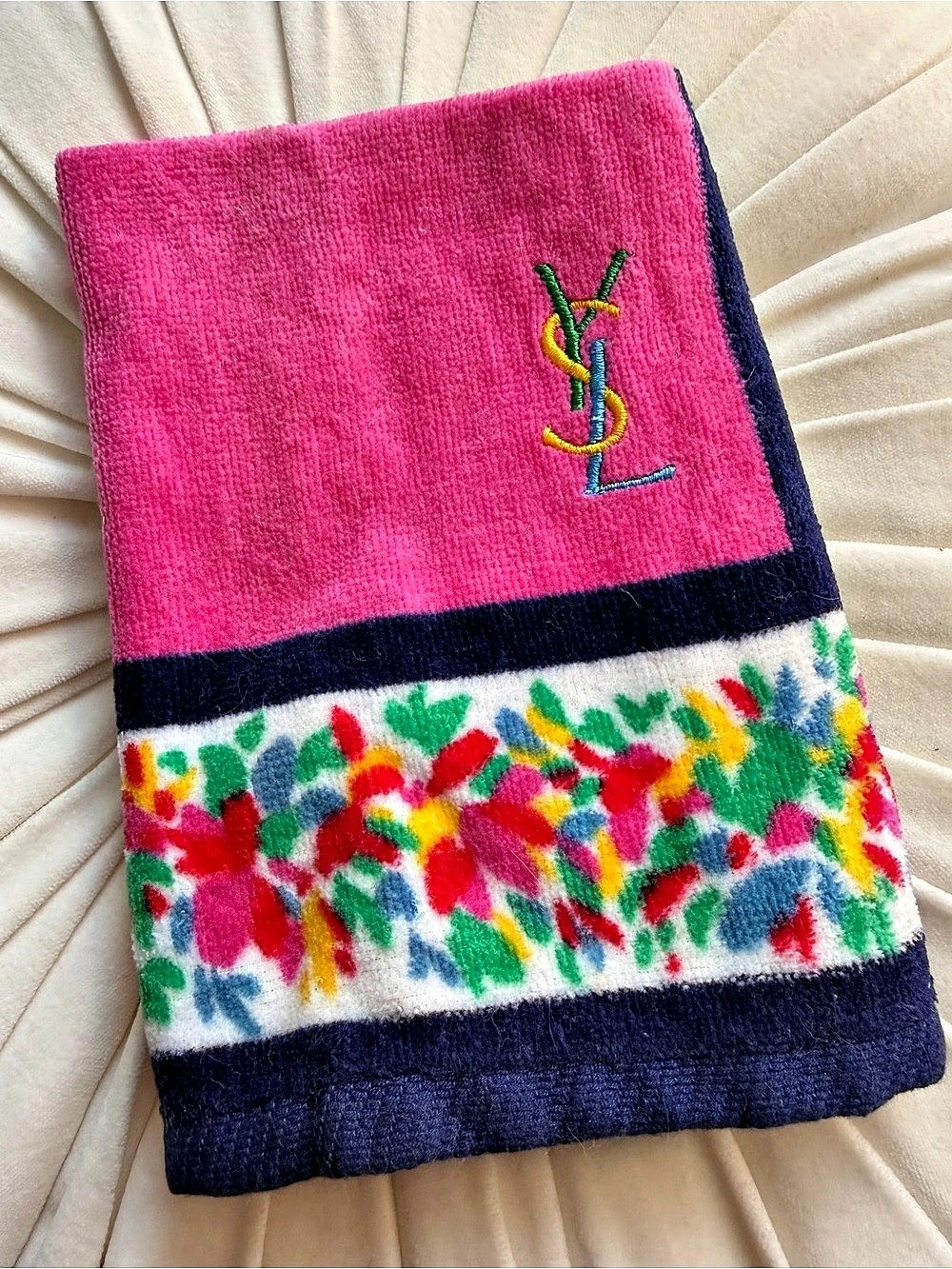YSL Floral Embroidered Logo towel in Pink & Blue Like New